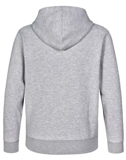 A grey adult's close front contrast fleecy hoodie with a plain back and a hood. Features a branding logo.
