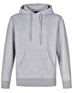 A grey adult's hoodie with a close front, contrast detailing, and a kangaroo pocket. Features a logo.