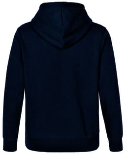 A navy blue adult hoodie featuring a close front design and a contrasting inner hood. It includes a logo.