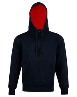 A black hoodie featuring a contrast red lining, complete with a front pocket and a drawstring hood.