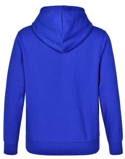 A blue adult's close front contrast fleecy hoodie with a large hood and ribbed cuffs. Features a logo on the back.