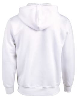 A white adult's close front fleece hoodie with a hood and long sleeves, featuring a simple design.
