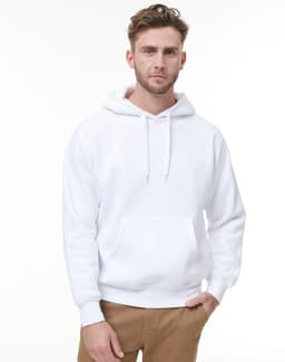 A white adult hoodie featuring a front pocket and drawstring hood, displayed by a model.
