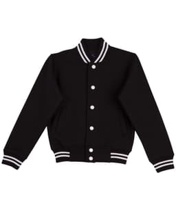 A black kids' fleece varsity jacket with white striped ribbing and a branded logo. Features front pockets and snap buttons.
