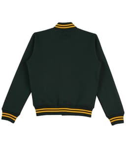 A green varsity jacket featuring yellow striped cuffs and collar, with a logo on the front.