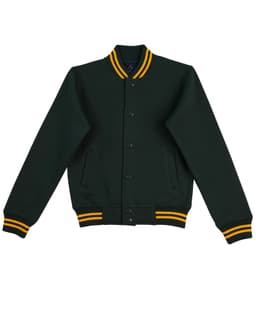 A green kid's fleece varsity jacket with yellow striped collar and cuffs, featuring a logo.