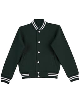 A green varsity jacket featuring a collar, striped cuffs, and a front button closure. It includes side pockets and a logo.