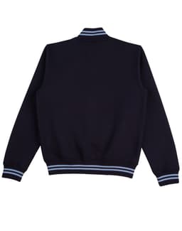 A navy blue kids' fleece varsity jacket featuring striped cuffs and collar, with a logo present.