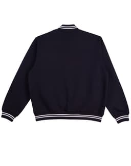 A navy blue kids' fleece varsity jacket with white striped accents on the cuffs and collar. Features a logo.