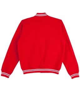 A red varsity jacket with white stripes on the collar and cuffs, featuring a logo on the front.