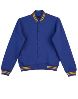 A blue fleece varsity jacket with yellow-striped cuffs and collar, featuring side pockets and a logo.