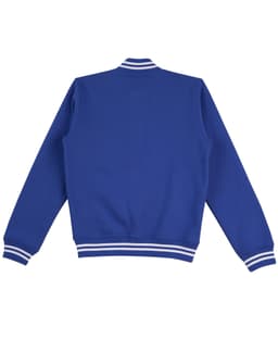 A blue kid's fleece varsity jacket with white striped cuffs and collar, featuring a logo.