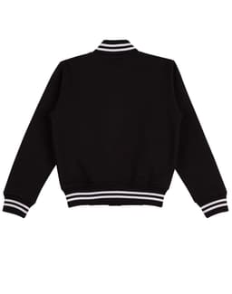A black fleece varsity jacket featuring white striped ribbing on the collar and cuffs, with a logo on the back.