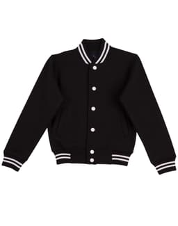 A black fleece varsity jacket featuring contrasting white stripes and buttons, with side pockets and a casual fit.