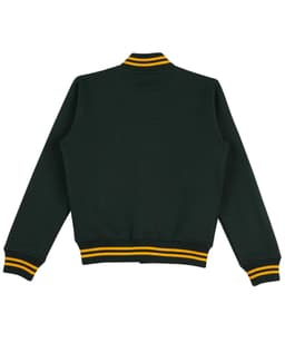 A dark green varsity jacket with yellow and white striped cuffs and collar, featuring a logo.