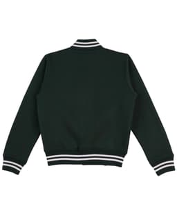 A dark green fleece varsity jacket with contrasting white stripes on the collar and cuffs, featuring a logo.