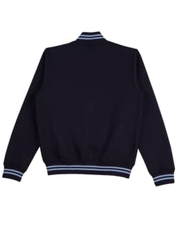 A navy fleece varsity jacket featuring a ribbed collar and striped cuffs. Includes a logo on the back.