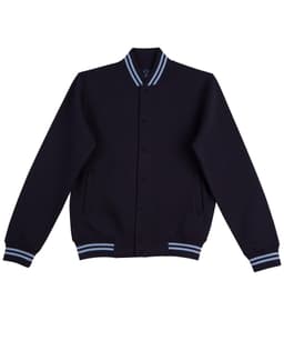 A black fleece varsity jacket with blue striped cuffs and collar, featuring front buttons and side pockets.