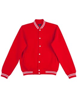 A red fleece varsity jacket featuring white striped cuffs and collar, with a logo on the chest.