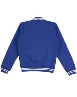 A blue adult's fleece varsity jacket with white striped cuffs and collar, featuring a logo on the back.