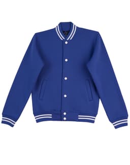 A blue fleece varsity jacket featuring contrasting white stripes and a logo. It has a button-up front and side pockets.