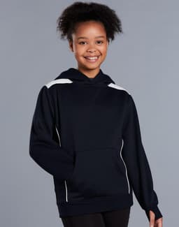 A young girl wearing a navy blue hoodie with white contrast detailing and a kangaroo pocket.