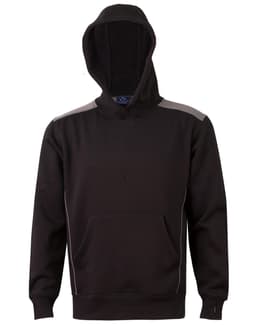 A black hoodie featuring a kangaroo pocket and contrast detailing, complete with a hood and a logo.