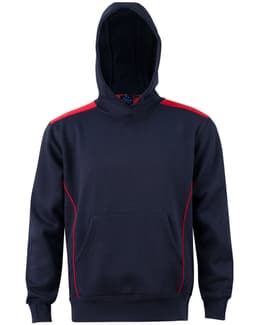 A navy hoodie with a red contrast design and a kangaroo pocket. It features a hood and has a branded logo.