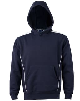 A navy hoodie featuring a kangaroo pocket and contrast detailing. It has a hood and an understated design with a logo.