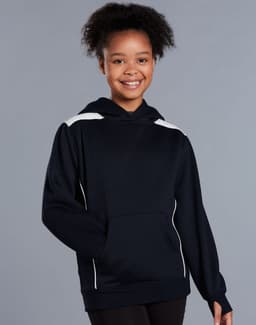 A girl wearing a navy hoodie with a kangaroo pocket and contrasting white accents. The hoodie features a logo.