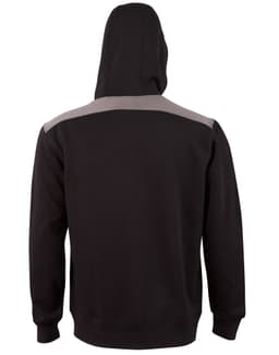 A black adult hoodie with a grey contrast across the shoulders and a hood. It features a logo on the garment.