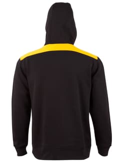 A black hoodie with a yellow contrast stripe across the shoulders and a kangaroo pocket. Features a hood and a logo.