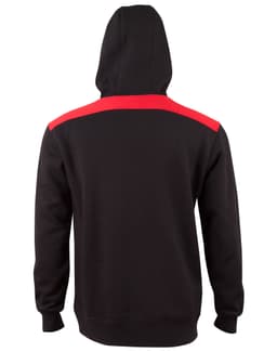 A black hoodie with a red contrast strip across the shoulders and a kangaroo pocket. It features a logo on the front.