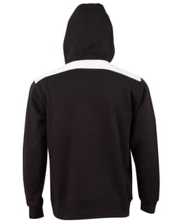 A black hoodie with a contrast white stripe across the shoulders and a kangaroo pocket. Features a logo on the front.