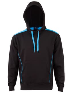 A black hoodie with contrast blue detailing, featuring a kangaroo pocket and a hood. It has a logo on the front.