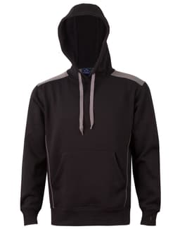 A black hoodie with a kangaroo pocket and grey contrast detailing, featuring a logo on the front.