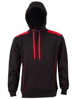A black hoodie with contrasting red accents and a kangaroo pocket, featuring a logo on the chest.