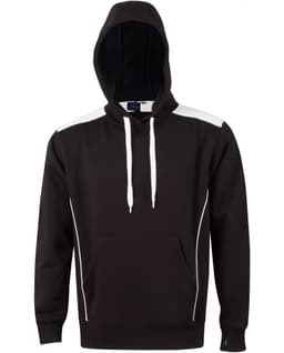 A black hoodie with contrast white detailing and a kangaroo pocket, featuring a hood and drawstrings.