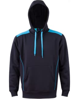A navy hoodie with teal contrast accents and a kangaroo pocket, featuring a hood and a branding logo.