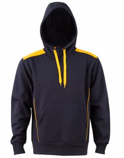 A navy hoodie with yellow contrast detailing and a front kangaroo pocket, featuring a hood and drawstrings.
