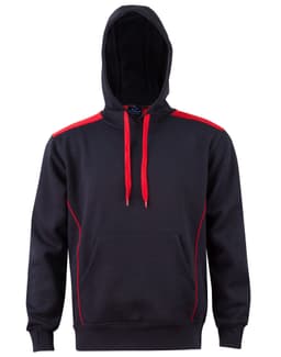 A black hoodie with red accents and a kangaroo pocket, featuring a hood and drawstrings. Includes a logo.