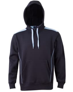 A black hoodie with a contrasting light blue design, featuring a kangaroo pocket and a hood. It has a logo.