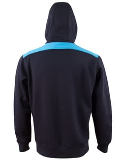 A black hoodie featuring a contrast blue stripe across the shoulder and a kangaroo pocket. Includes a hood and a logo.