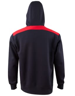 A navy hoodie with a contrasting red panel across the shoulders and a hood. It features a logo.