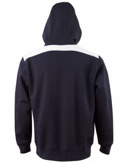 A navy blue hoodie with a white contrast panel on the shoulders and a kangaroo pocket at the front.