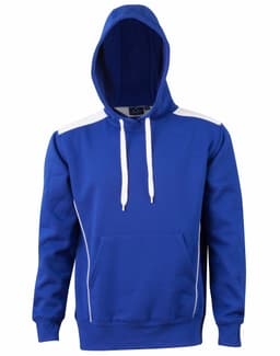 A bright blue adult hoodie featuring a kangaroo pocket and a contrast design, with a logo on the front.