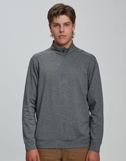 A men's half zip long sleeve sweatshirt in dark grey, featuring a subtle blend texture and a logo.