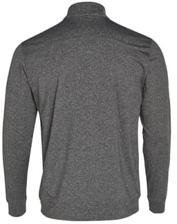 A grey men's half zip long sleeve sweat top, featuring a sleek design and a logo on the back.