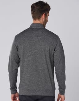 A dark grey men's half zip long-sleeve sweat top with a simple design and branding on the back.