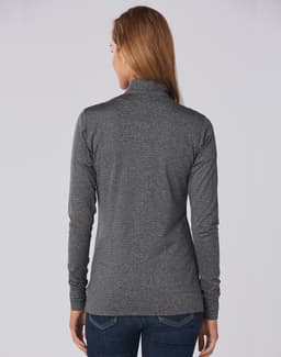 A grey ladies' half zip long sleeve sweat top with a fitted design, featuring a collar and long sleeves.